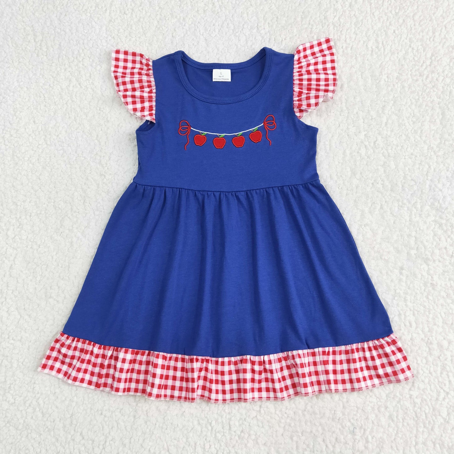embroidery GSD2153 back to school apple navy blue flutter sleeve girls dress