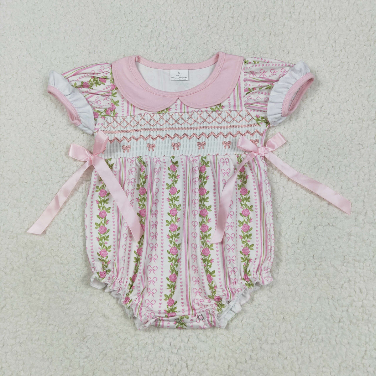 embroidery SR2994 pink bows flowers short sleeve girls romper
