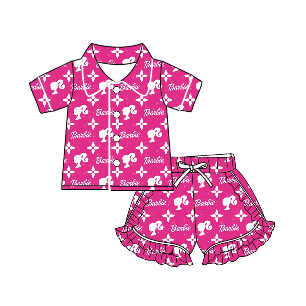 preorder GSSO1514 cartoon BA hot pink short sleeve shorts girls set