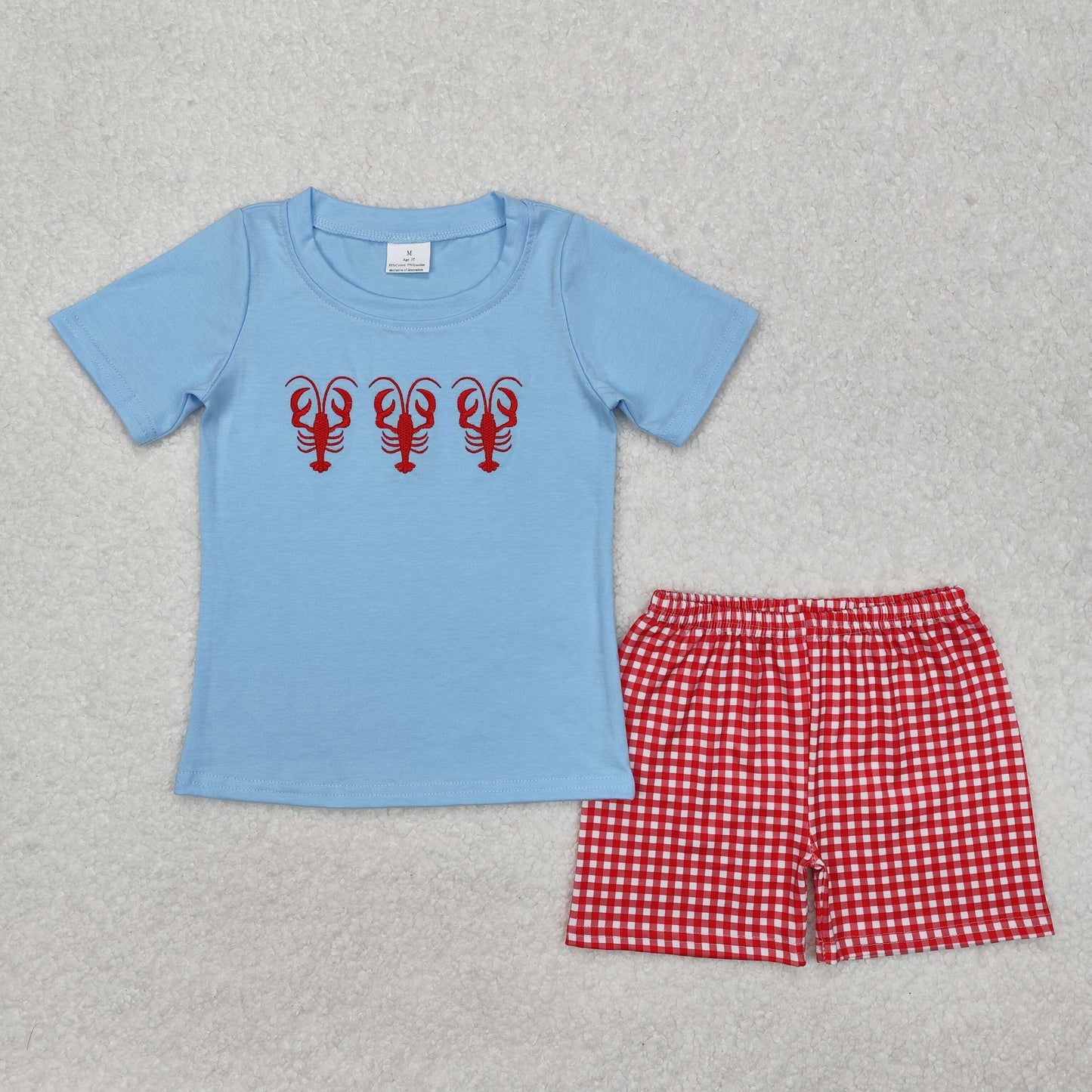 embroidery BSSO1161 Cute Crayfish Blue Short Sleeve Red Checkered Shorts Boys Set