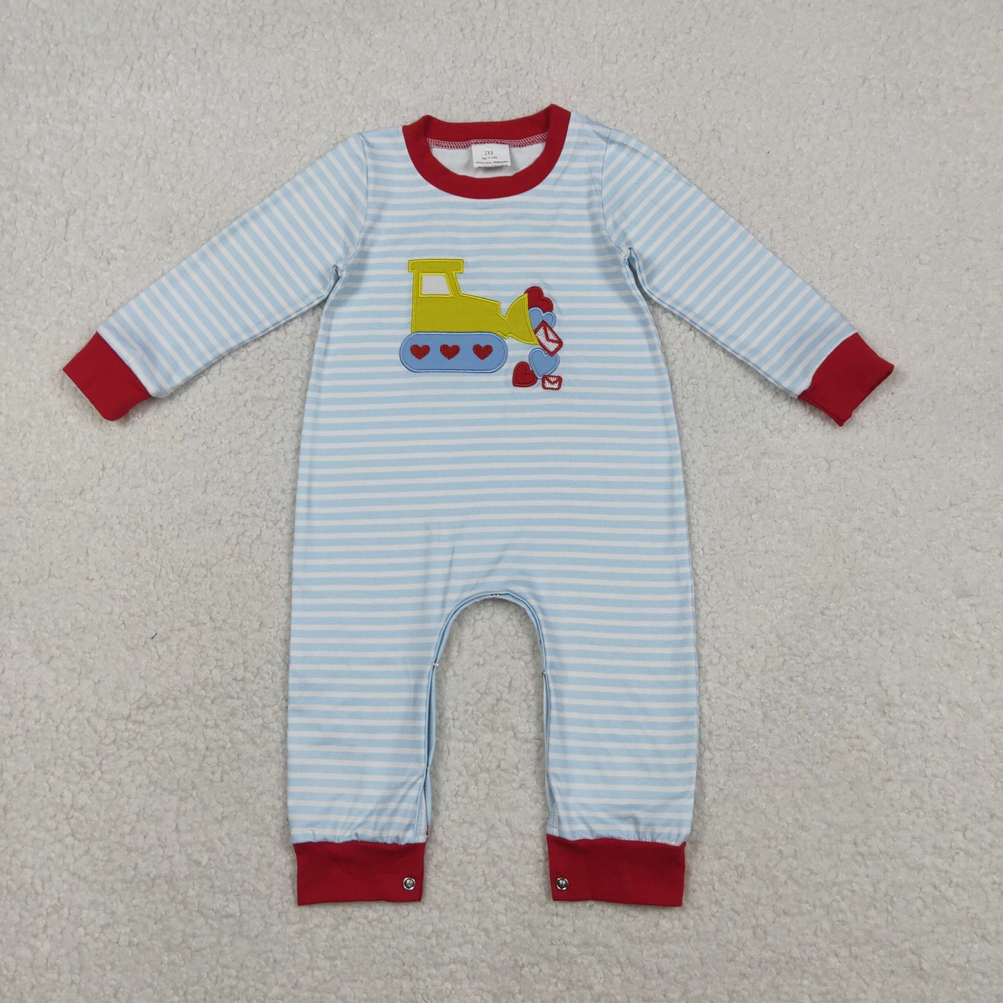 embroidery LR2708 Valentine's Day construction truck blue striped long sleeve boys romper
