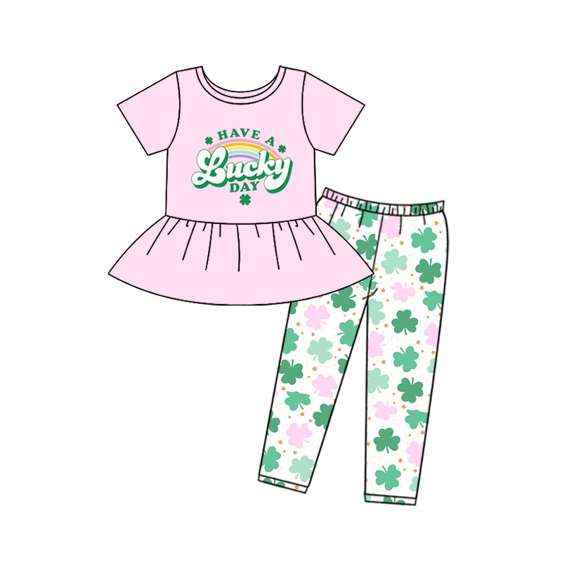 preorder GSPO1812 St Patrick clover have a lucky day pink short sleeve pants girls set
