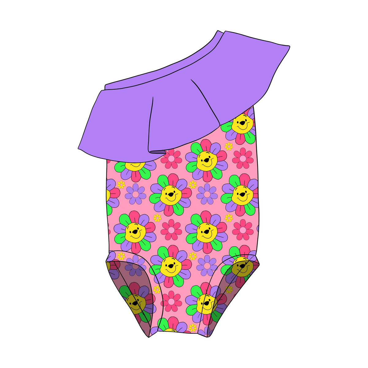 custom cartoon bear flowers pink purple girls romper
