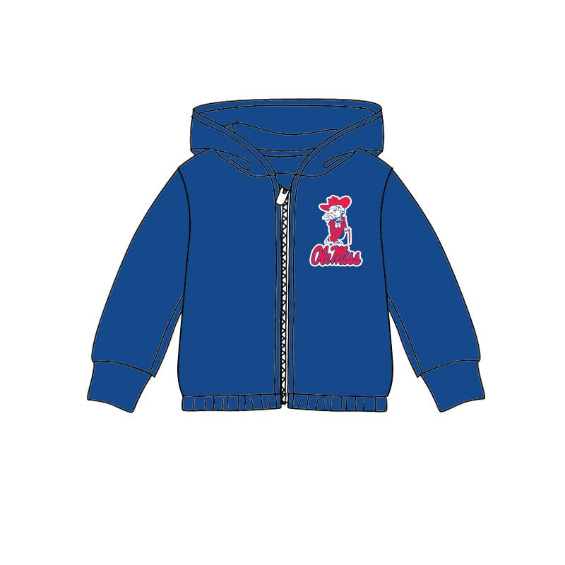 custom moq 3 football item Ole Miss blue long sleeve zipper hoodie kids coat