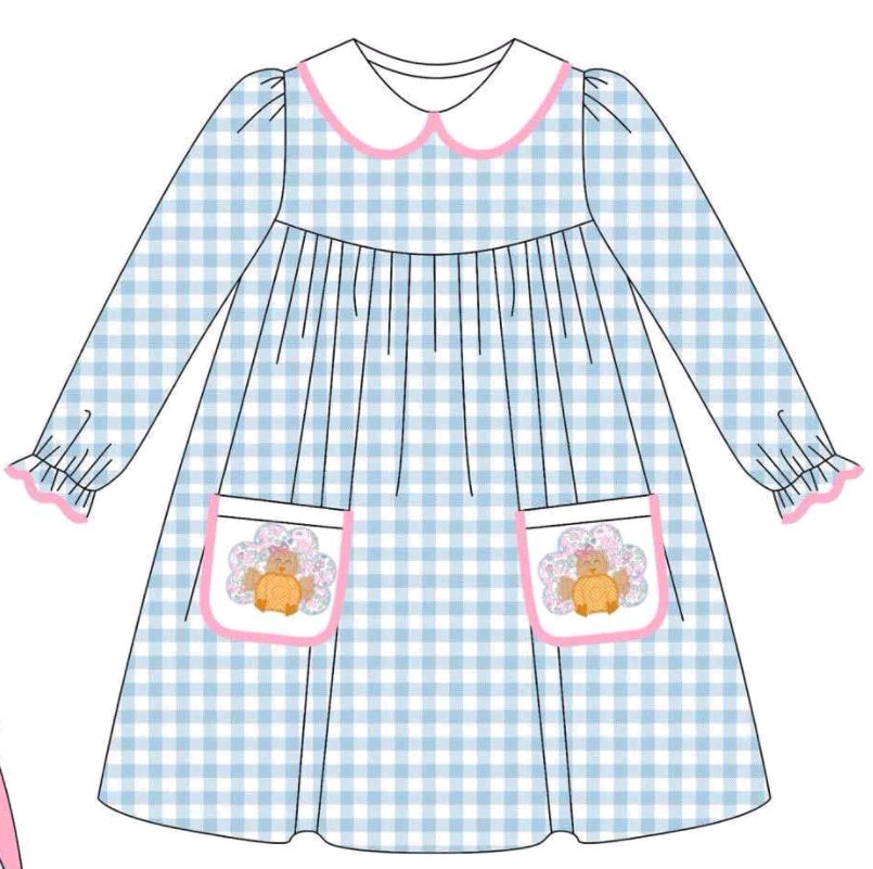 custom moq 3 turkey blue checkered pockets long sleeve girls dress