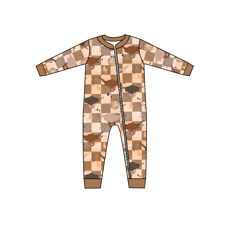 custom S 9.15 Highland cow long sleeve kids romper