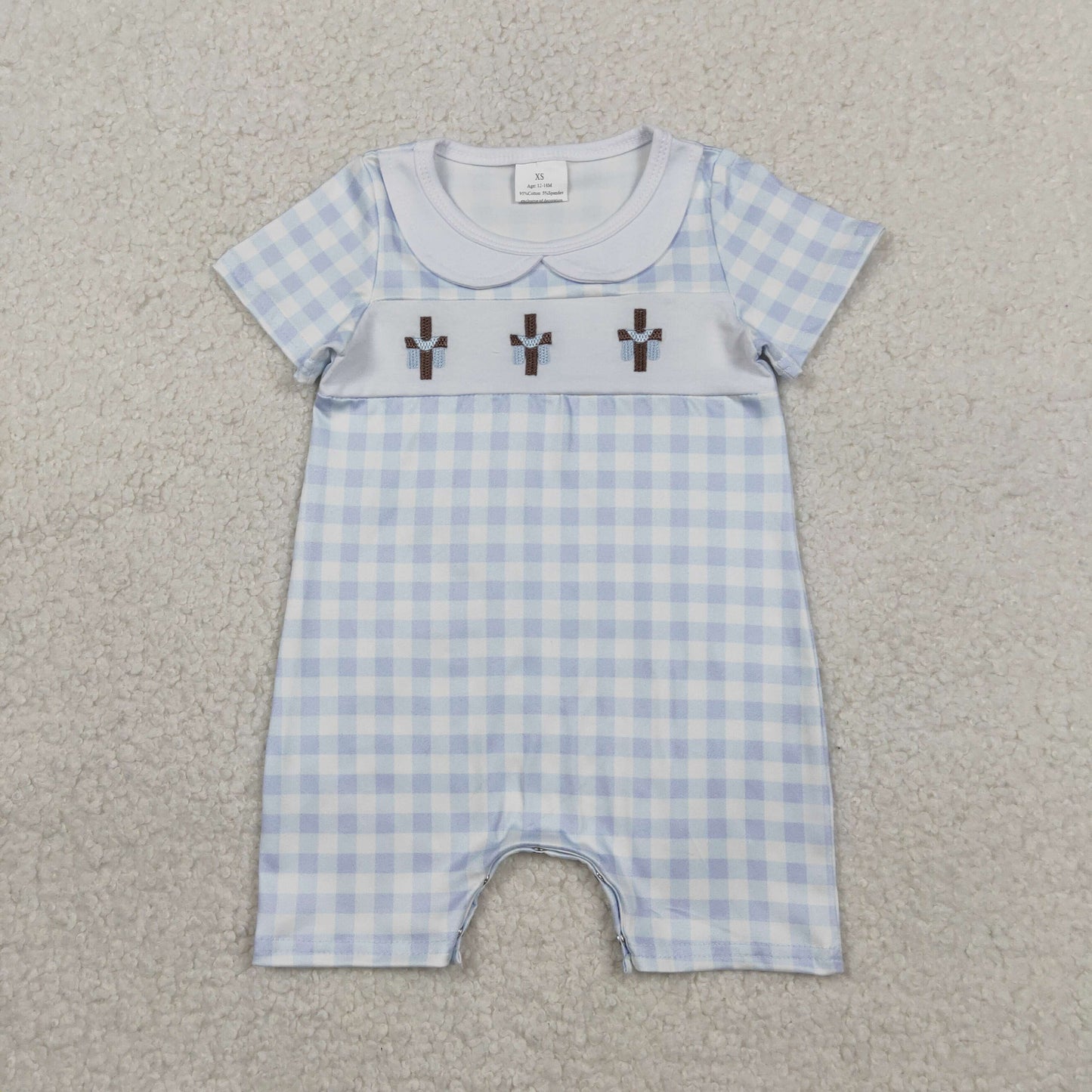 Embroidery SR3758 Easter Cross Blue Checkered Short Sleeve Boys Romper