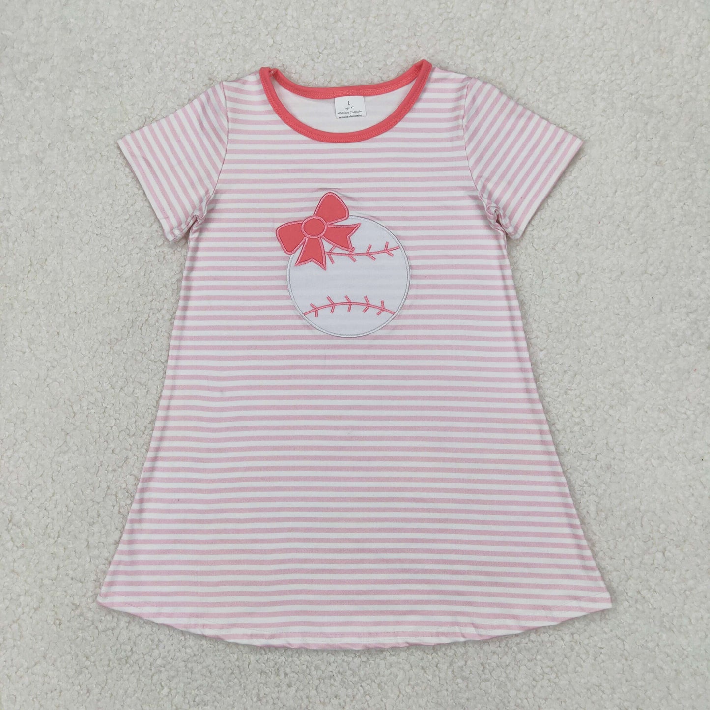 embroidery GSD2221 baseball bow pink striped short sleeve girls dress