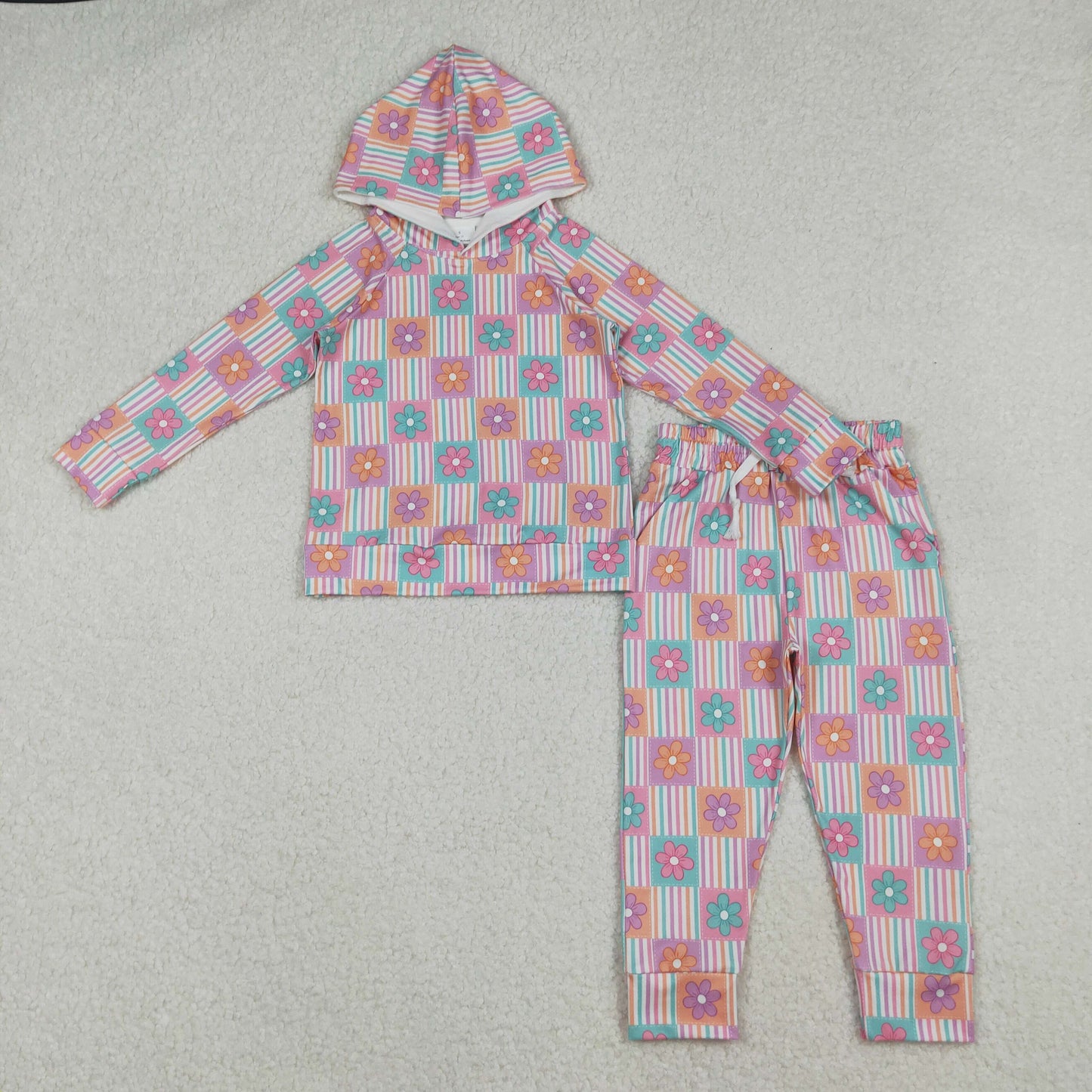 GLP2853 cute colorful flowers striped hoodie long sleeve pants girls set