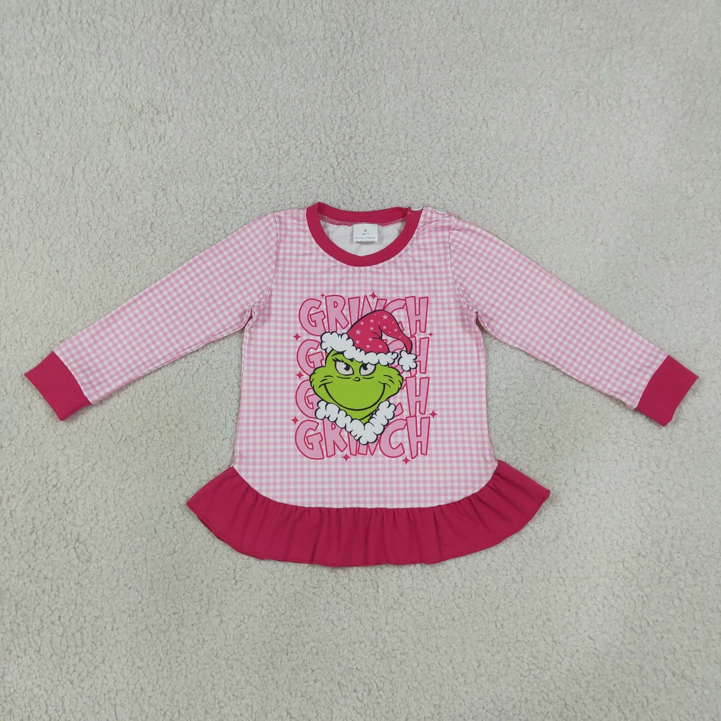 GT1154 Christmas green face pink checkered long sleeve girls top