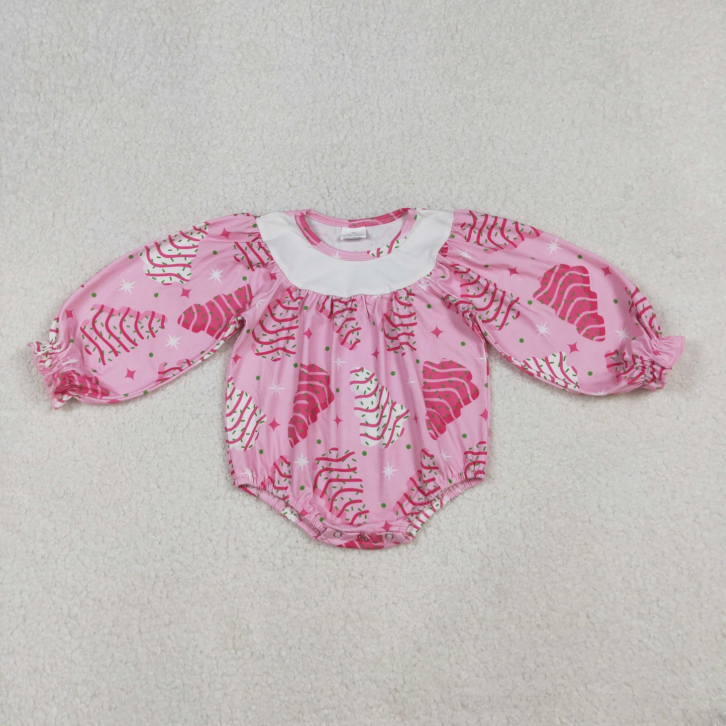 LR2333 Christmas tree season cake hot pink long sleeve girls romper