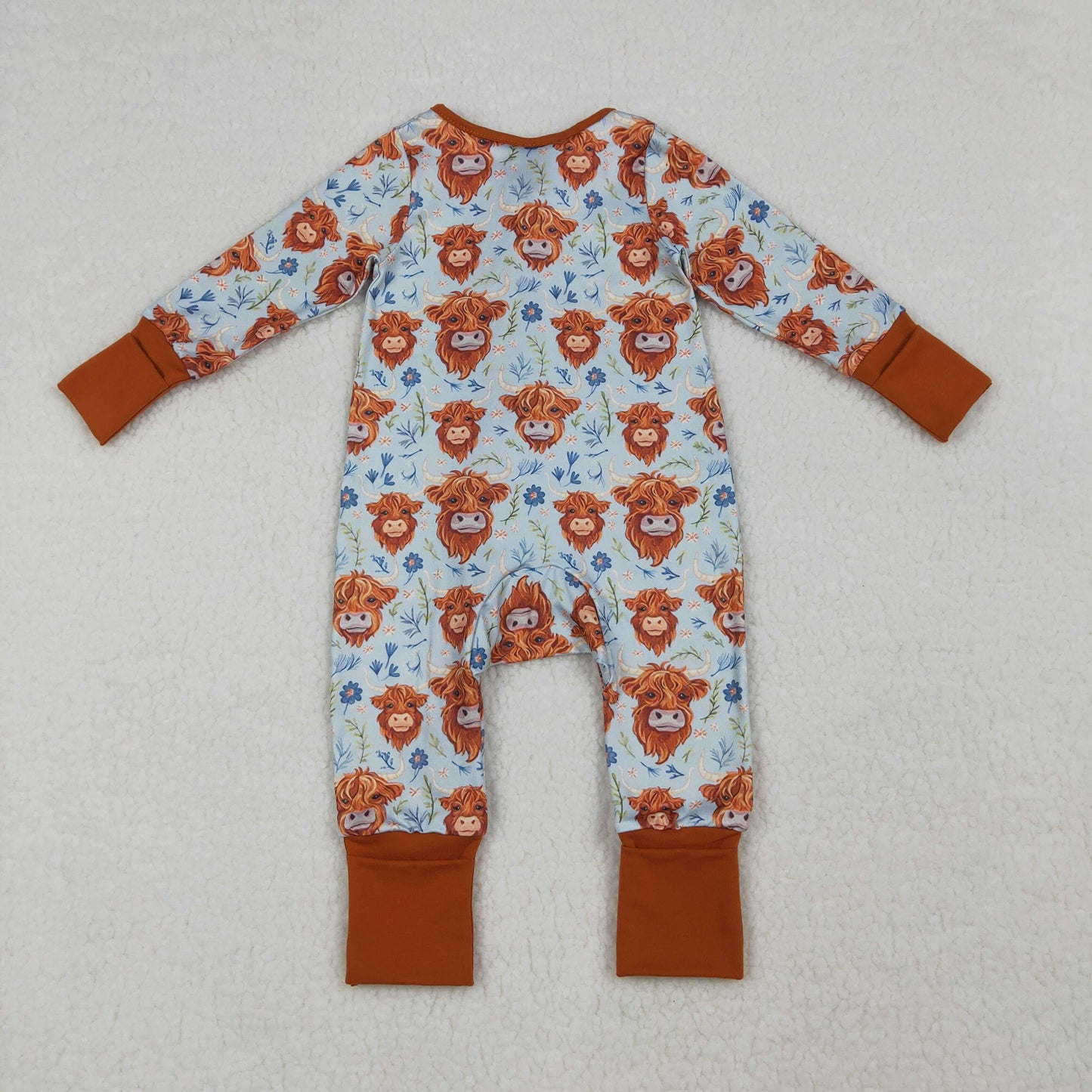LR1787 Western highland cow flowers zipper long sleeve girls romper