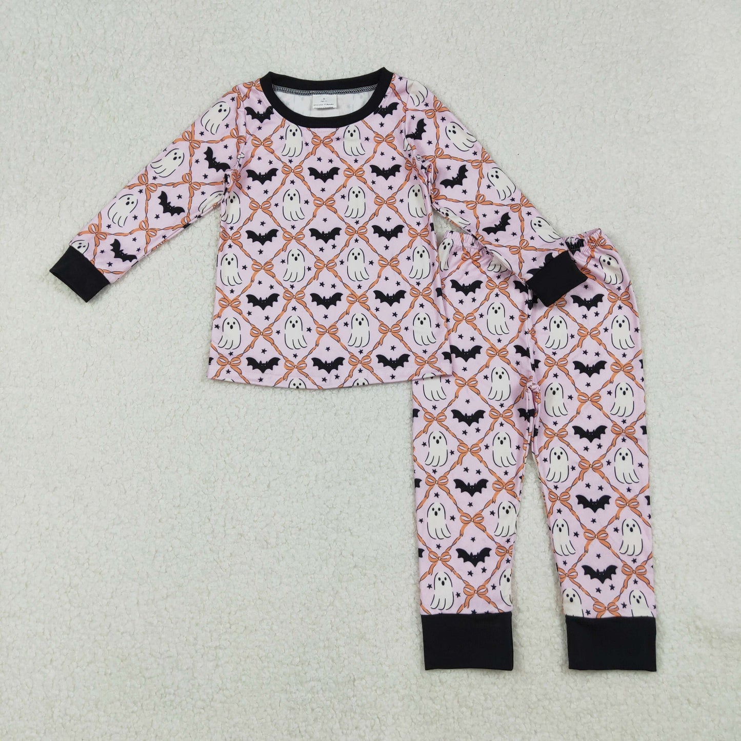 GLP2639 Halloween spooky bat bows pink orange long sleeve pants girls pajamas