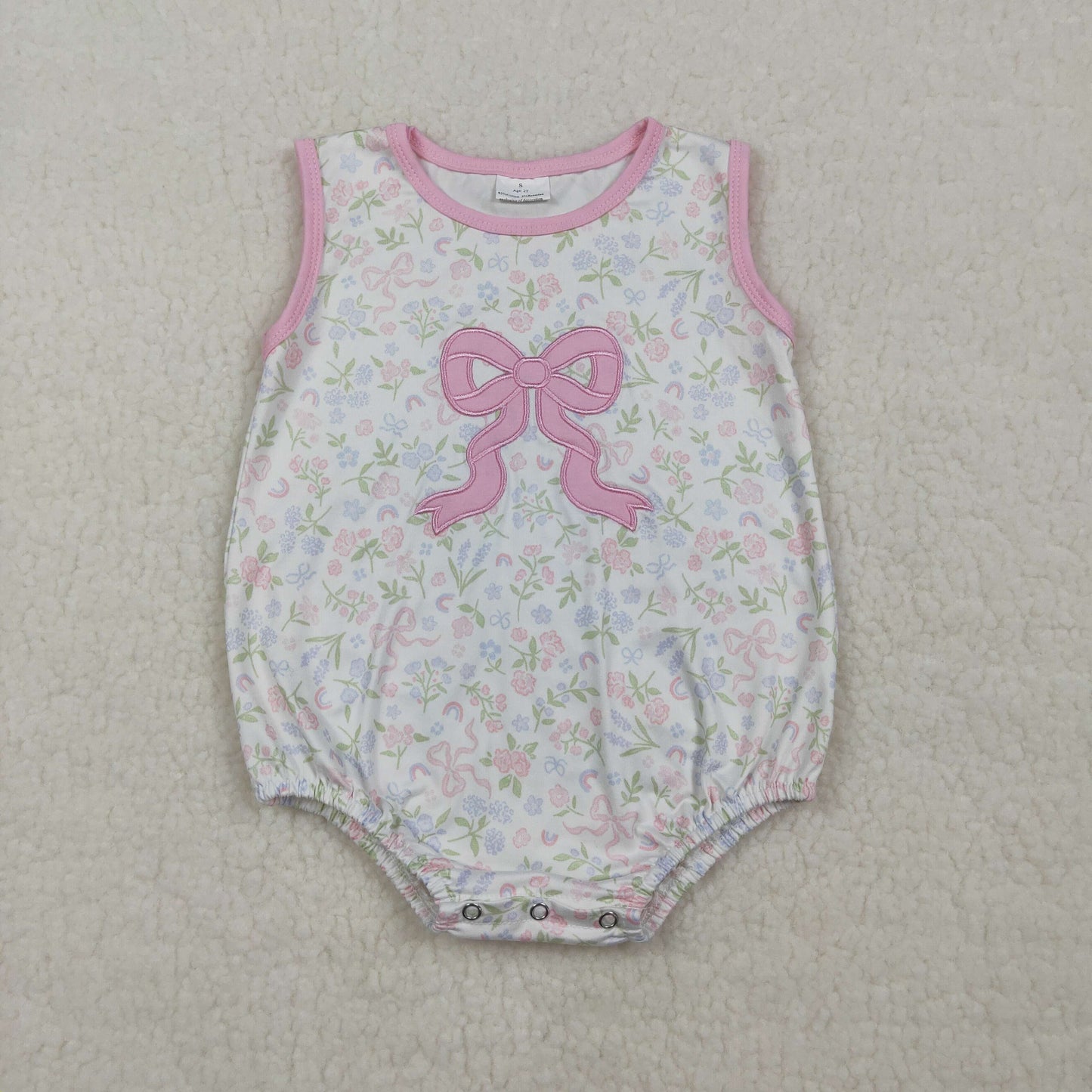Embroidery SR3727 Pink Bow Flowers Sleeveless Girls Romper