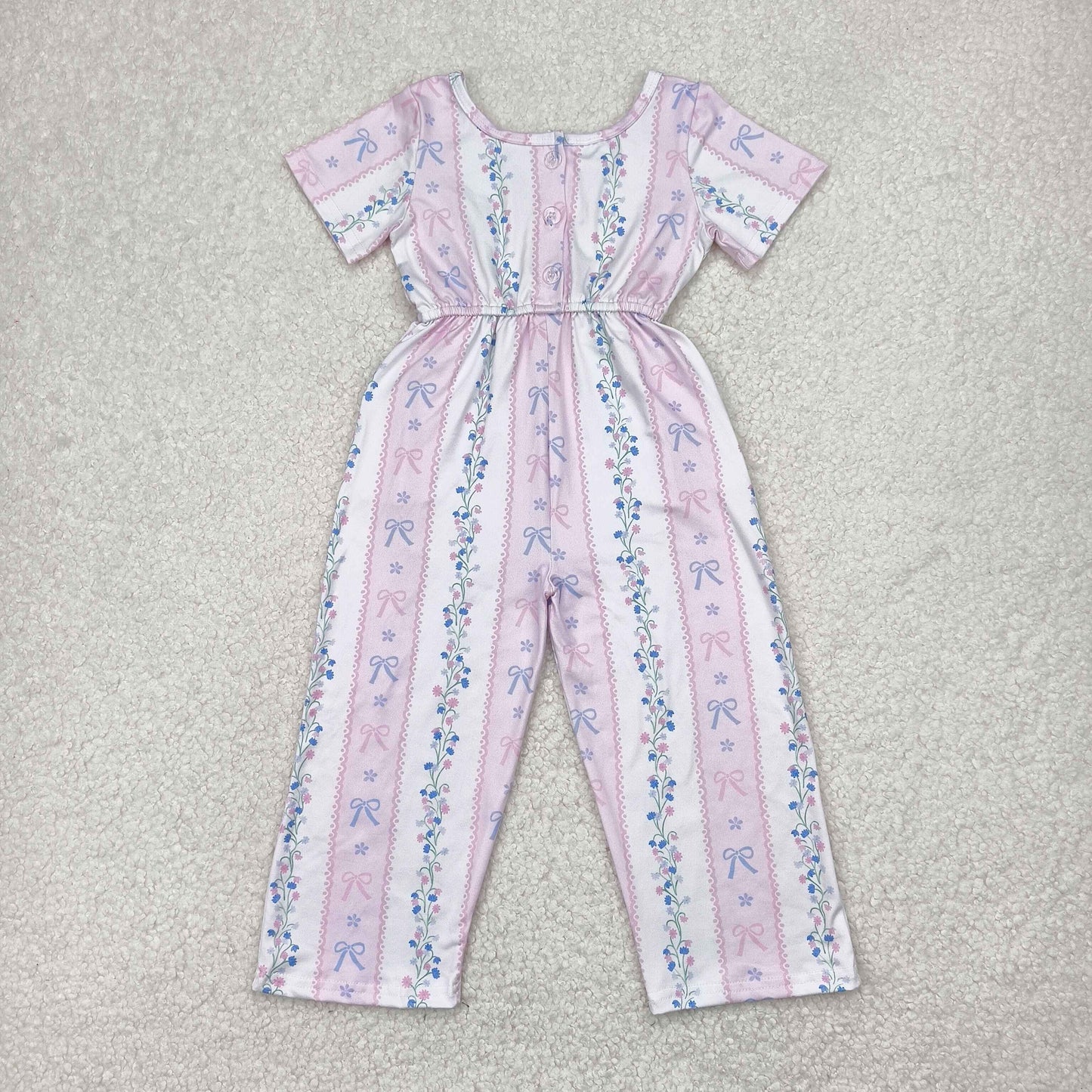 SR2941 bows flowers pink short sleeve girls jumpsuits