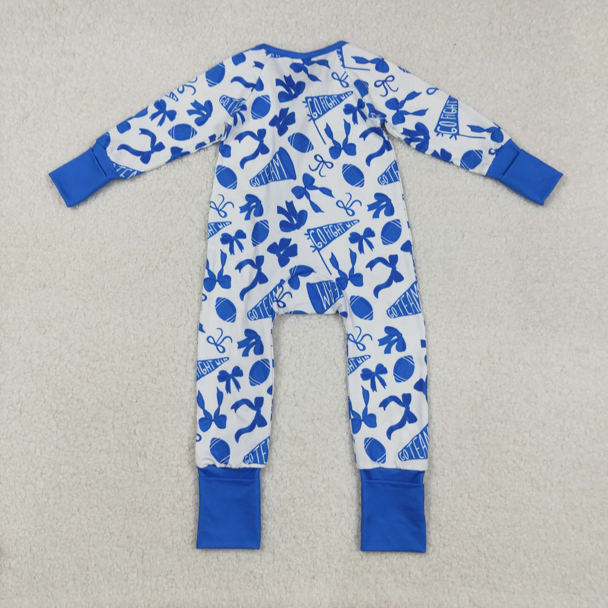 LR2511 cheer blue football bows zipper long sleeve girls romper