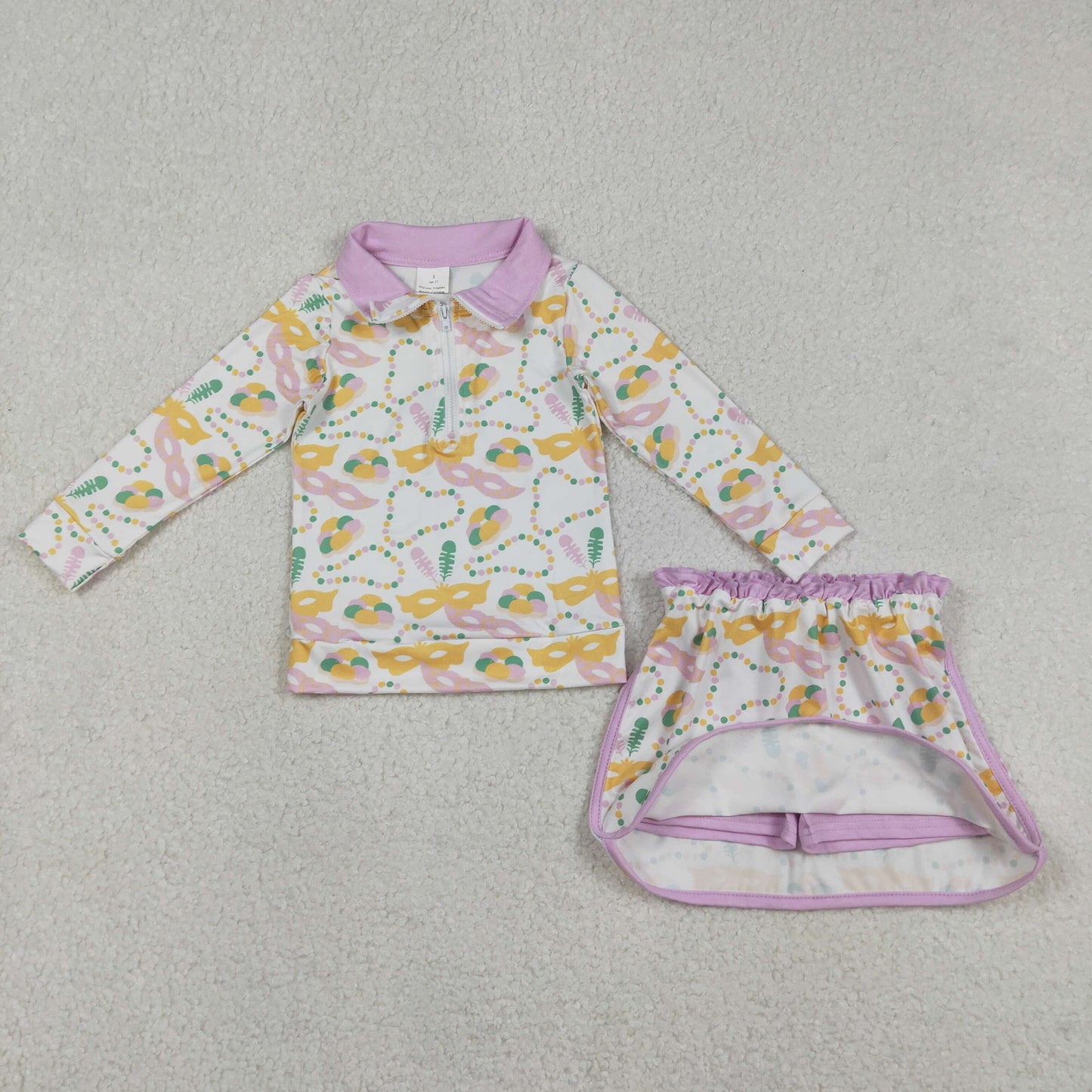 GLD1334 Mardi Gras pink mask zipper long sleeve skorts girls set