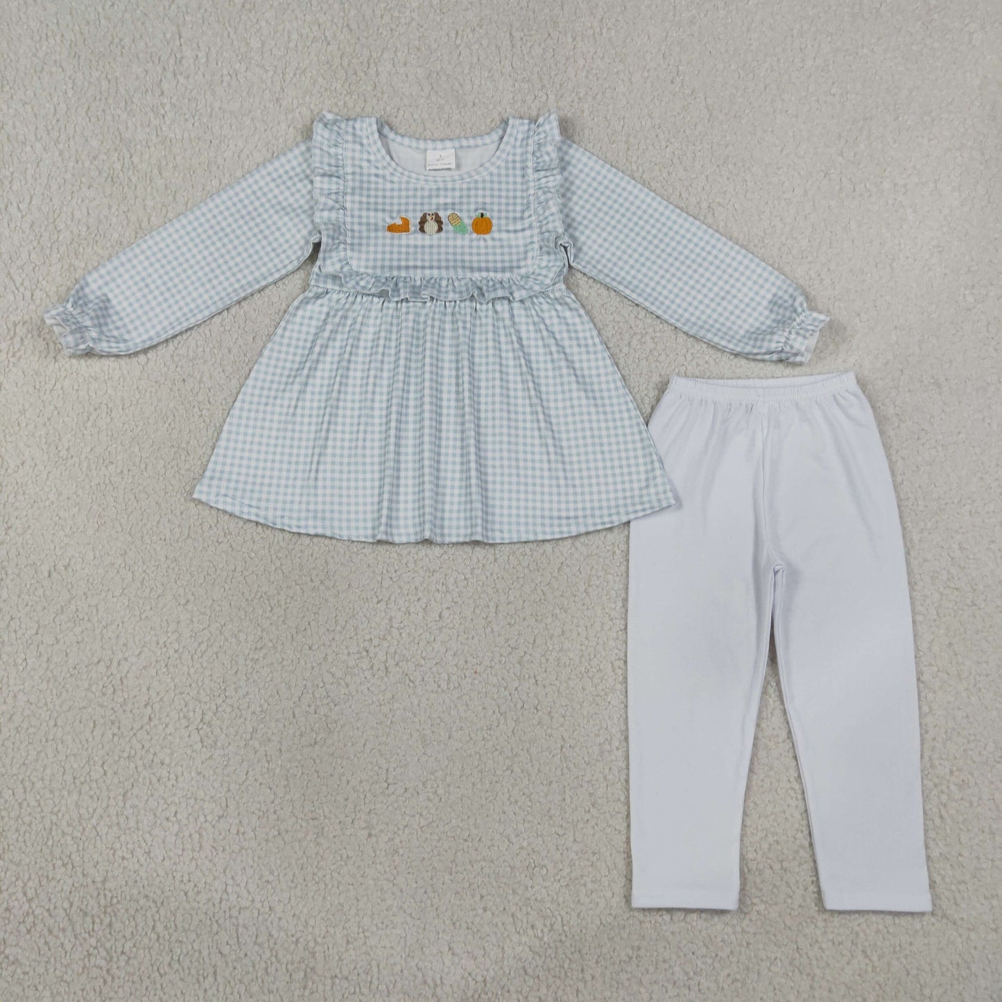 Embroidery GLP3409 Thanksgiving Turkey Pie Long Sleeve Blue Pants Girls Set