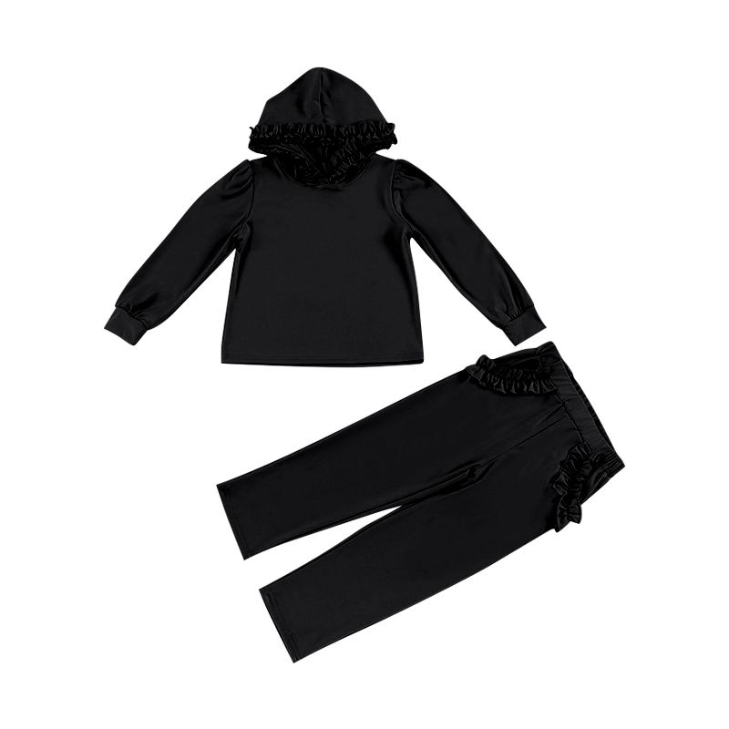 preorder GLP2303 Black Long Sleeve Ruffles Hoodie Pockets Pants Girls Set