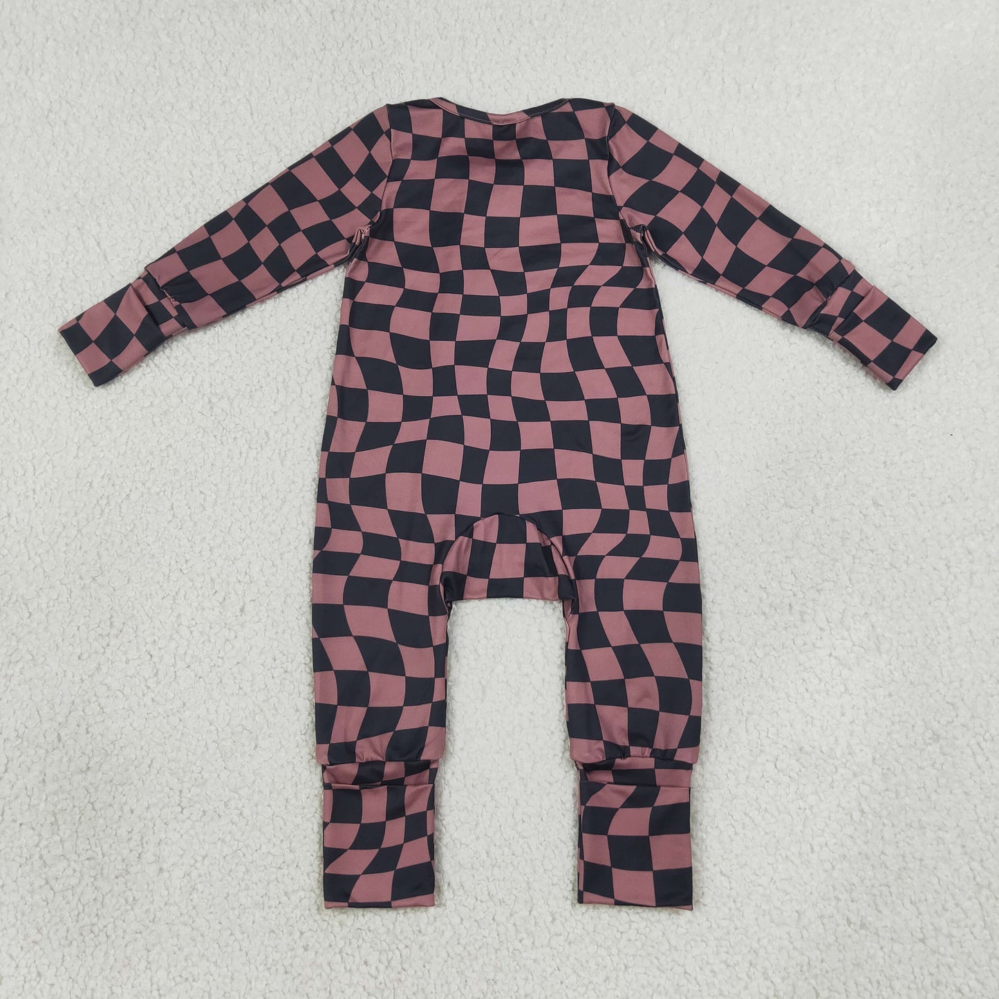 LR3115 Brown Black Checkered Zipper Long Sleeve Boys Romper