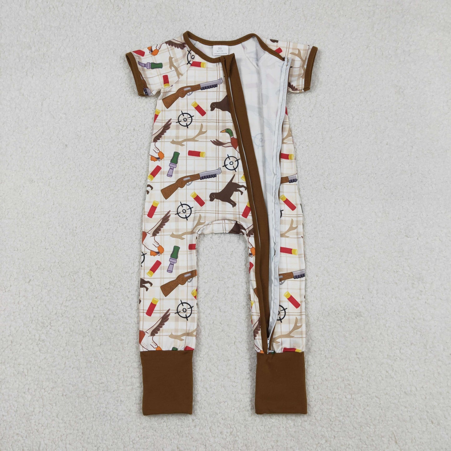 SR3497 Hunting Mallard Duck Brown Zipper Short Sleeve Boys Romper