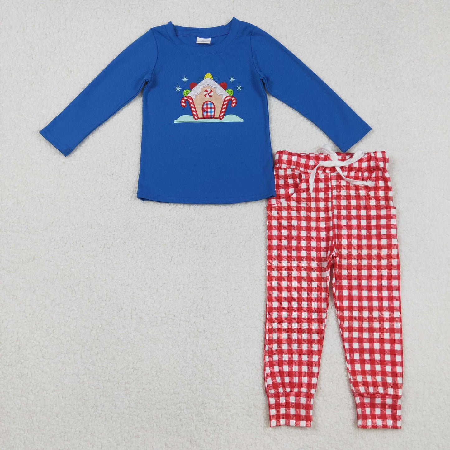 embroidery BLP1151 Christmas gingerbread house candy cane navy blue long sleeve red checkered pants boys set