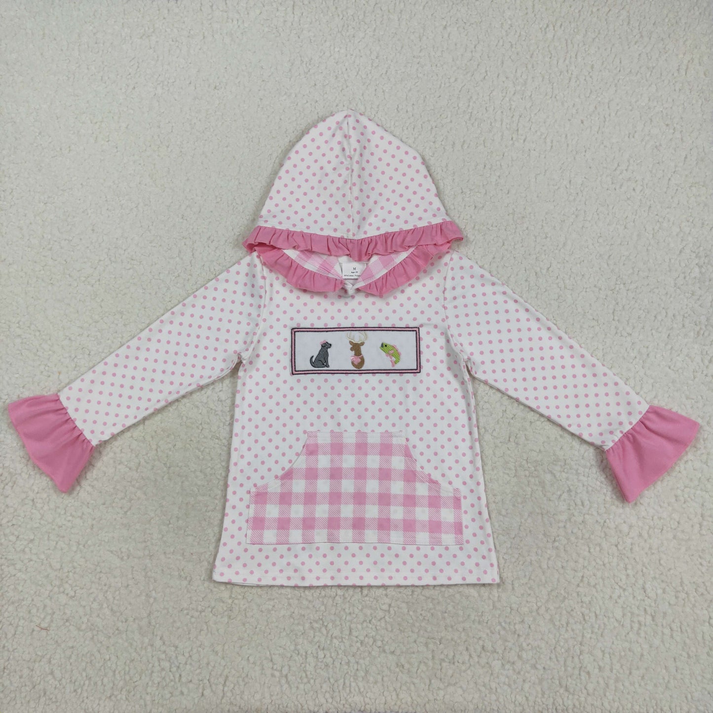 GT1106 embroidery hunting mallard dog deer pink dot checkered hoodie pocket long sleeve girls top