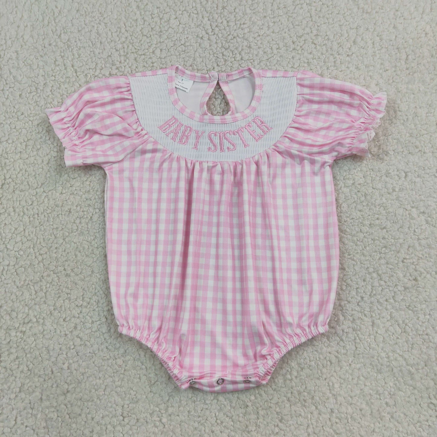 SR4230 Smocked Embroidery Baby Sister Checkered Short Sleeve Girls Romper