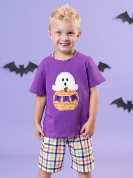custom Halloween spooky purple short sleeve checkered shorts boys set
