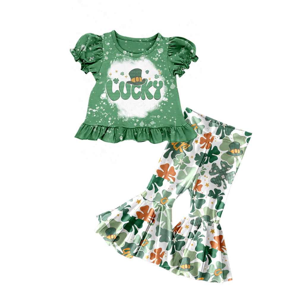 preorder GSPO1060 Saint Patrick lucky green short sleeve pocket pants girls set