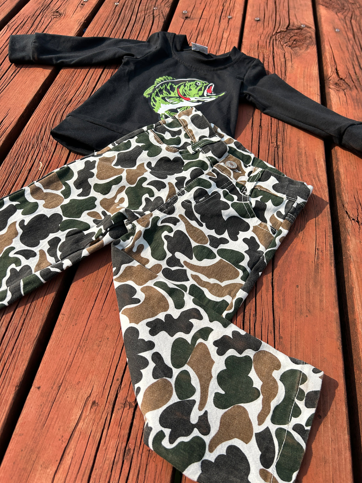 Offset Printing Fishing Black Long Sleeve Hunting Camo Jeans Boys Set