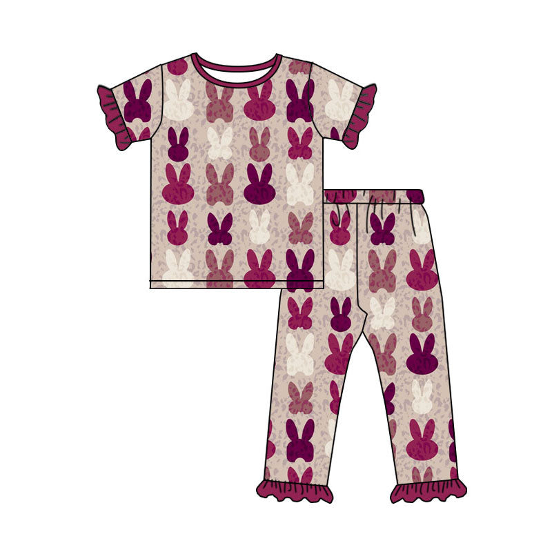 Custom moq 20 cartoon Easter bunny rabbit maroon purple short sleeve pants girls pajamas