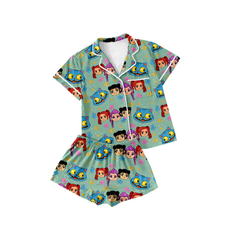 custom moq 5 ccartoon K witch green short sleeve shorts girls pajamas