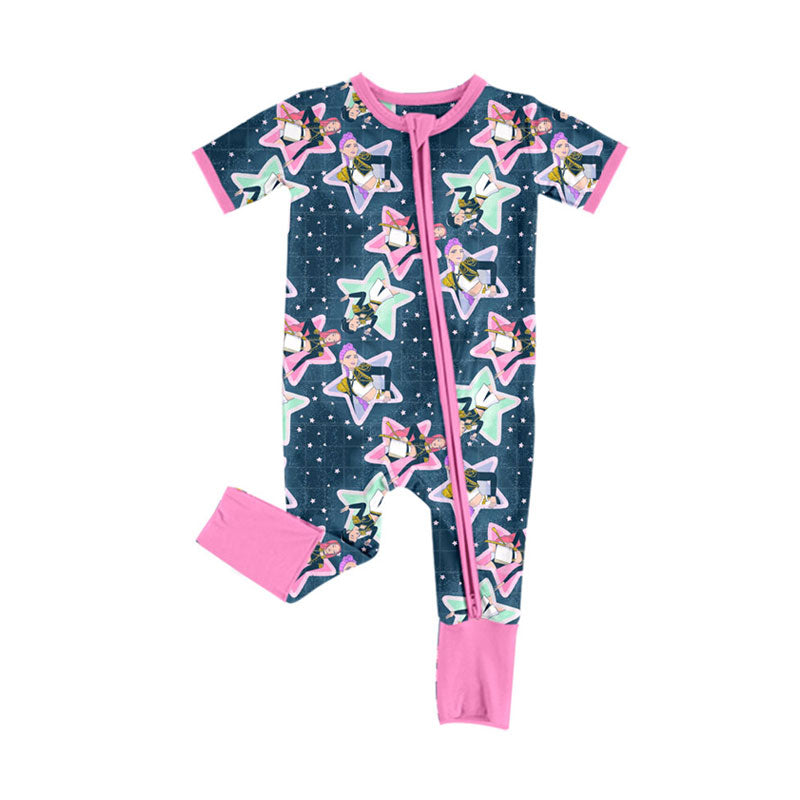 Custom moq 20 bamboo cartoon K witch pink blue short sleeve zipper girls romper