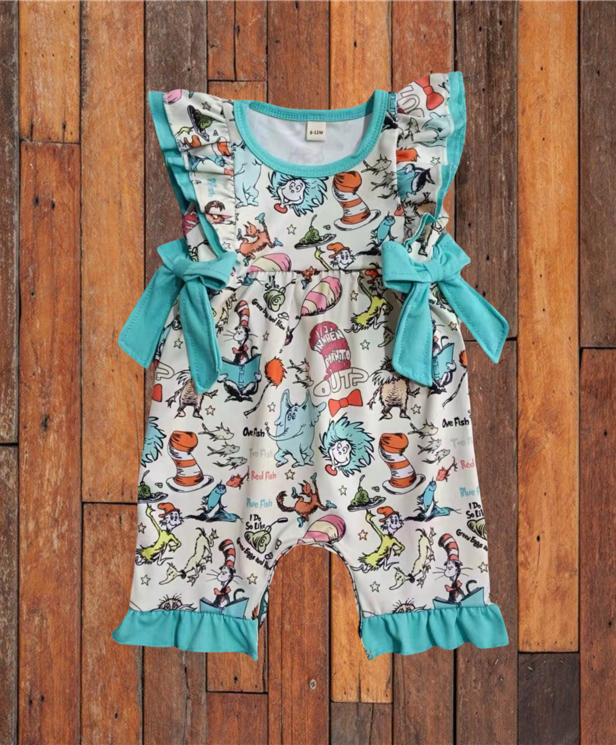 custom moq 3 cartoon Dr elephant mint color bows flutter sleeve girls romper