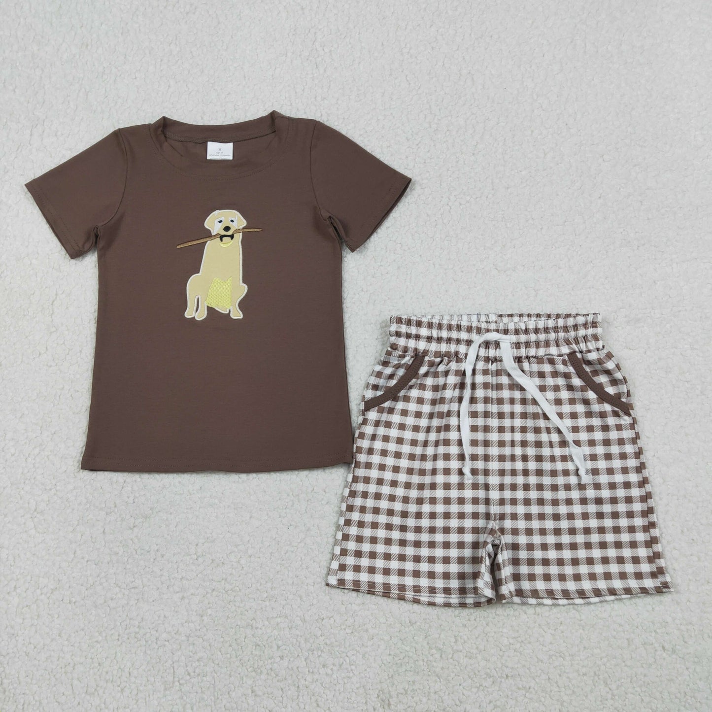 Embroidery BSSO1637 Cute Dog Pet Brown Short Sleeve Checkered Shorts Boys Set