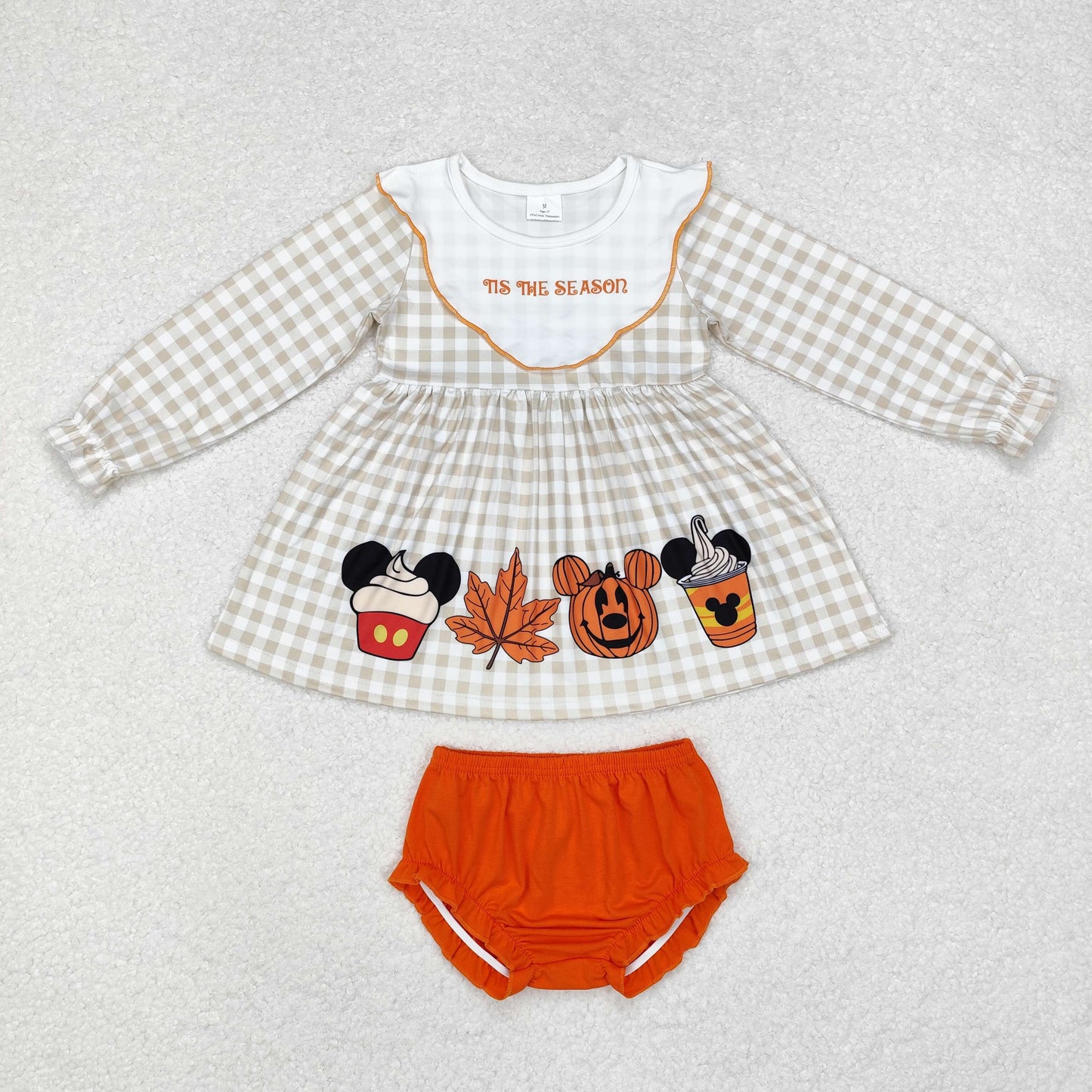 GBO0442 Halloween tis the season cake pumpkin checkered long sleeve orange girls bummies set