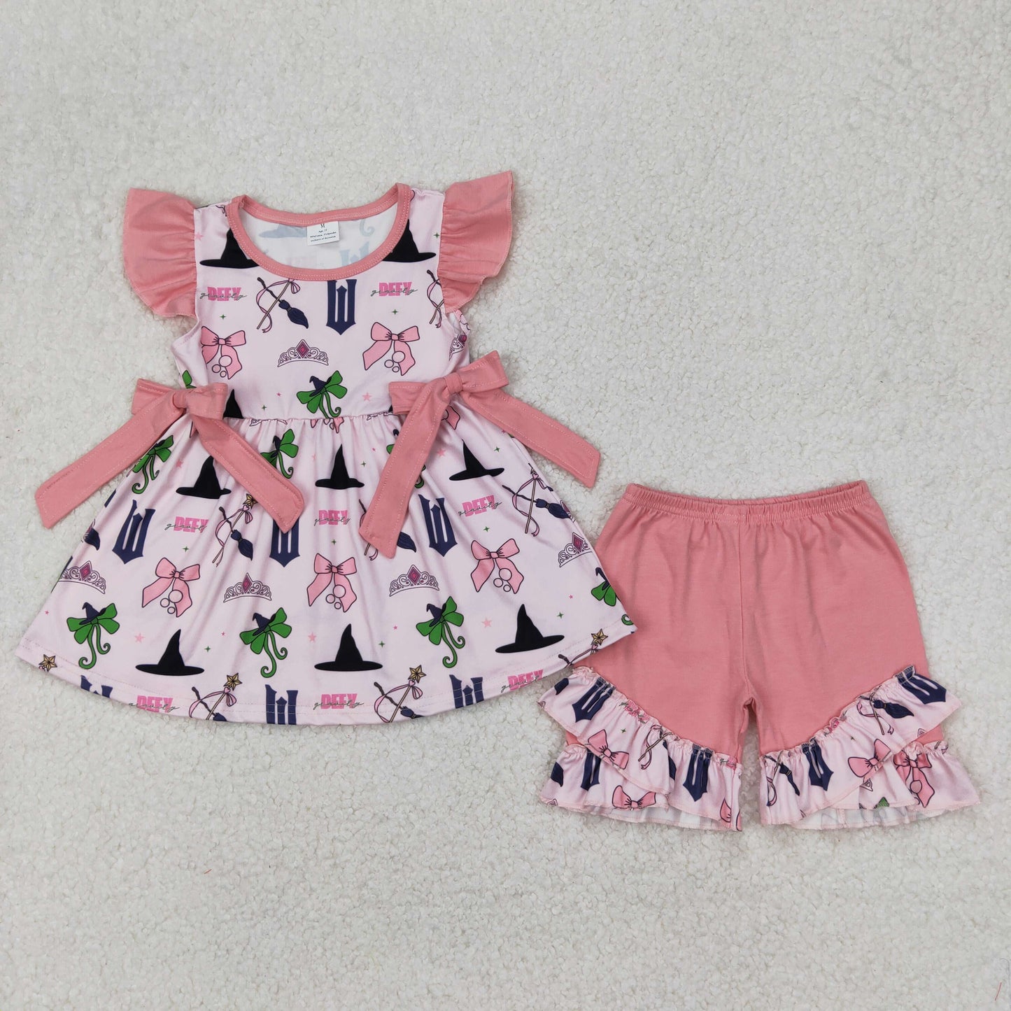 GSSO2006 pink bows crown flutter sleeve pink shorts girls set