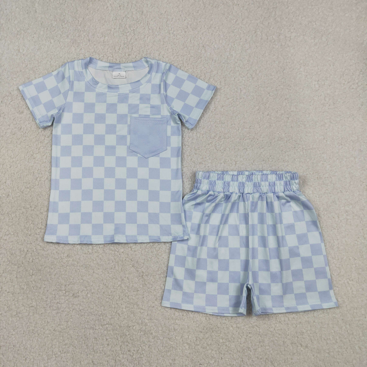 BSSO1753 Blue Checkered Pocket Short Sleeve Shorts Boys Set