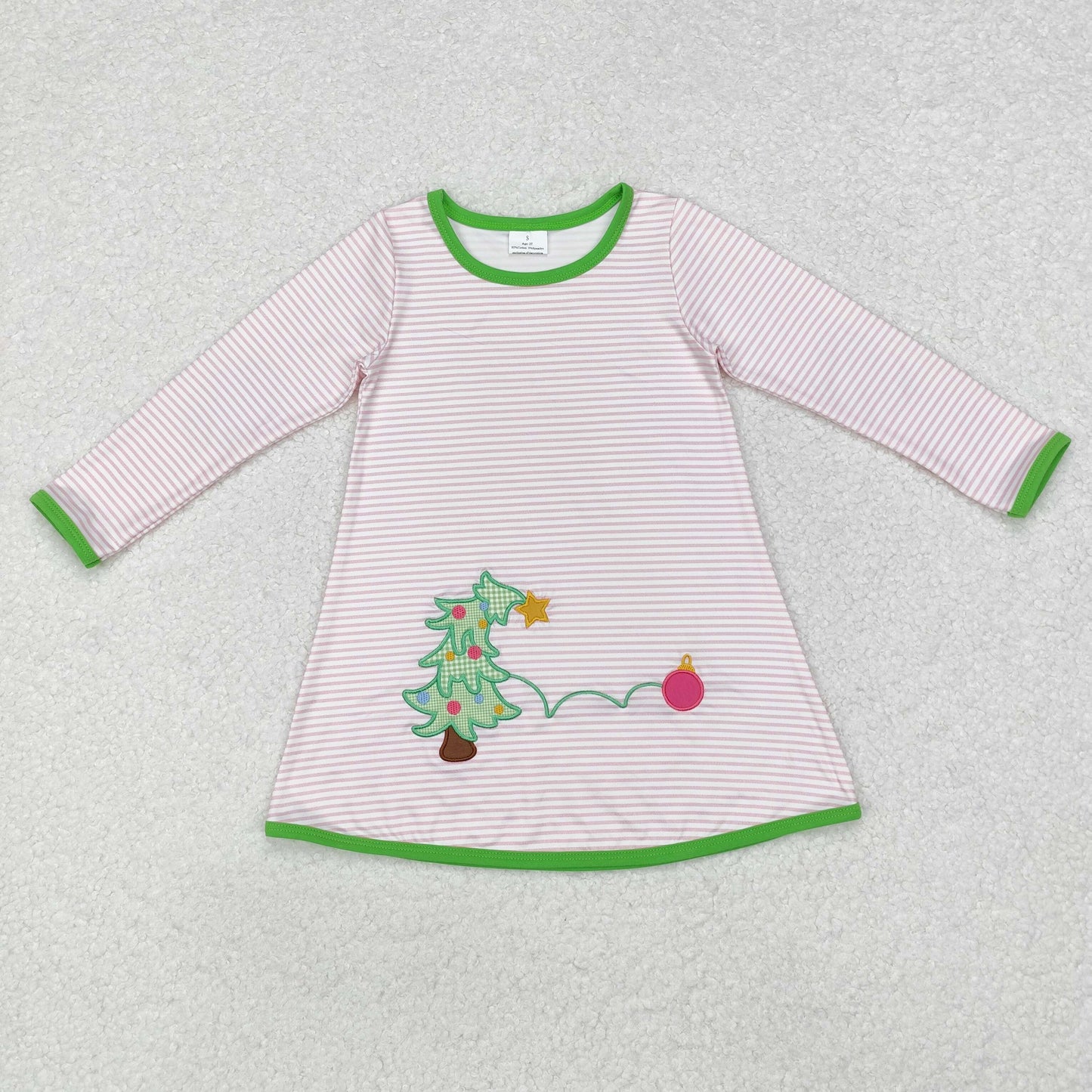 embroidery GLD0704 Christmas tree pink striped long sleeve girls dress