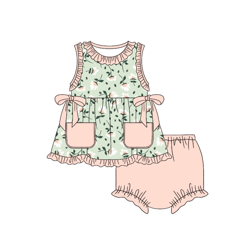 Custom Green flowers pink pockets sleeveless girls bummies set moq3