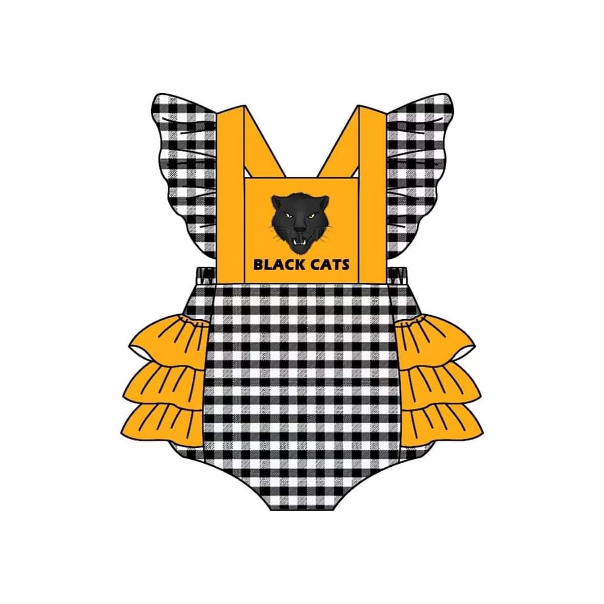 custom S black cats checkered flutter sleeve girls romper