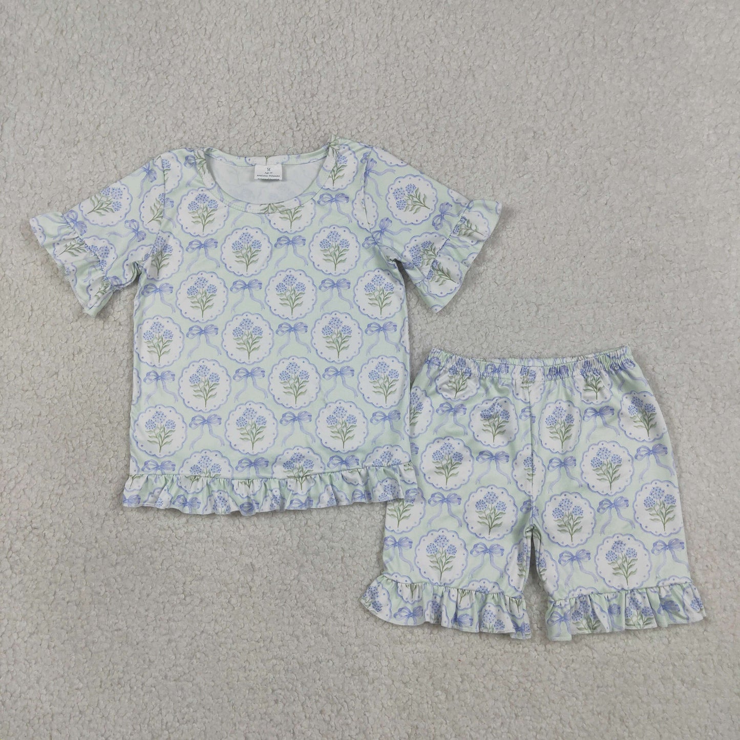 GSSO3323 Blue Bows Flowers Short Sleeve Shorts Girls Set