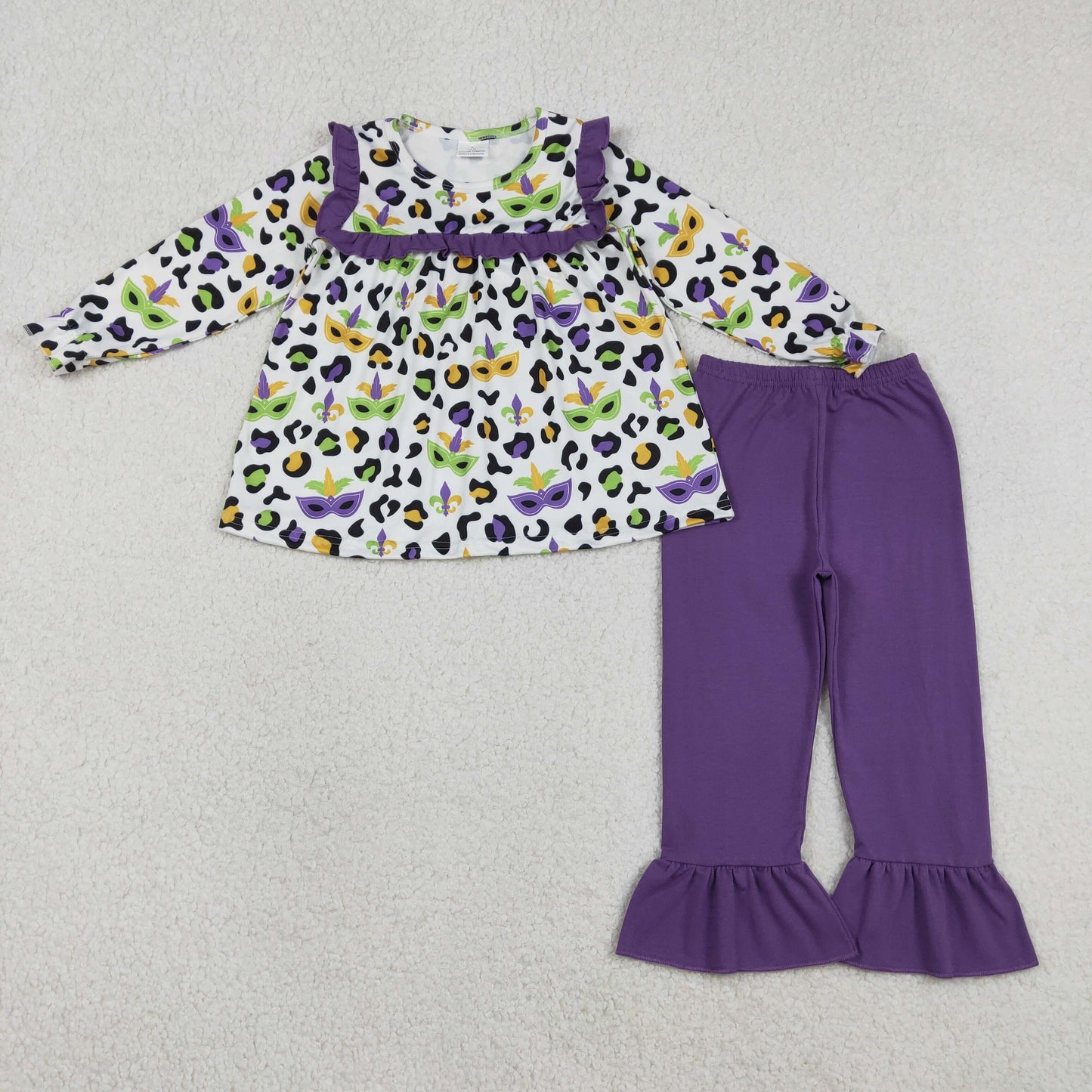 GLP2869 Mardi Gras yellow purple green leopard long sleeve purple pants girls set