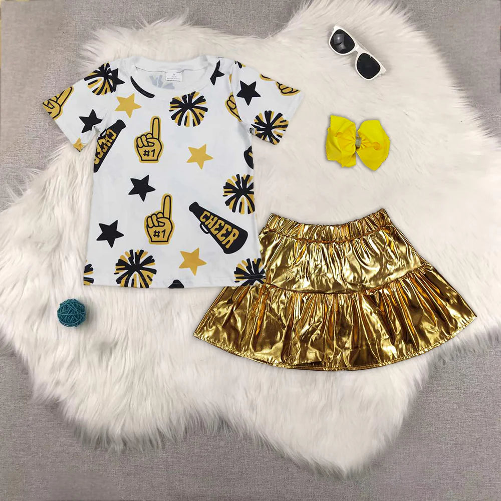 cheer firwork short sleeve yellow leather skirt girls set GT0939+GLK0043