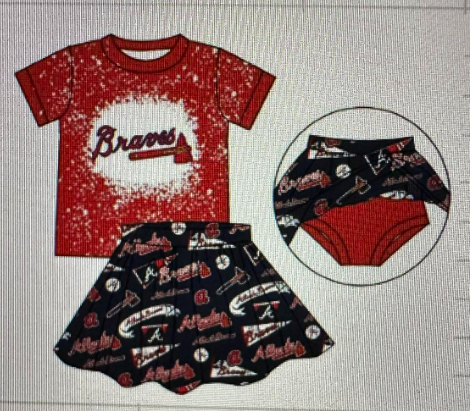 custom style Braves red short sleeve short skirts girls set moq 3