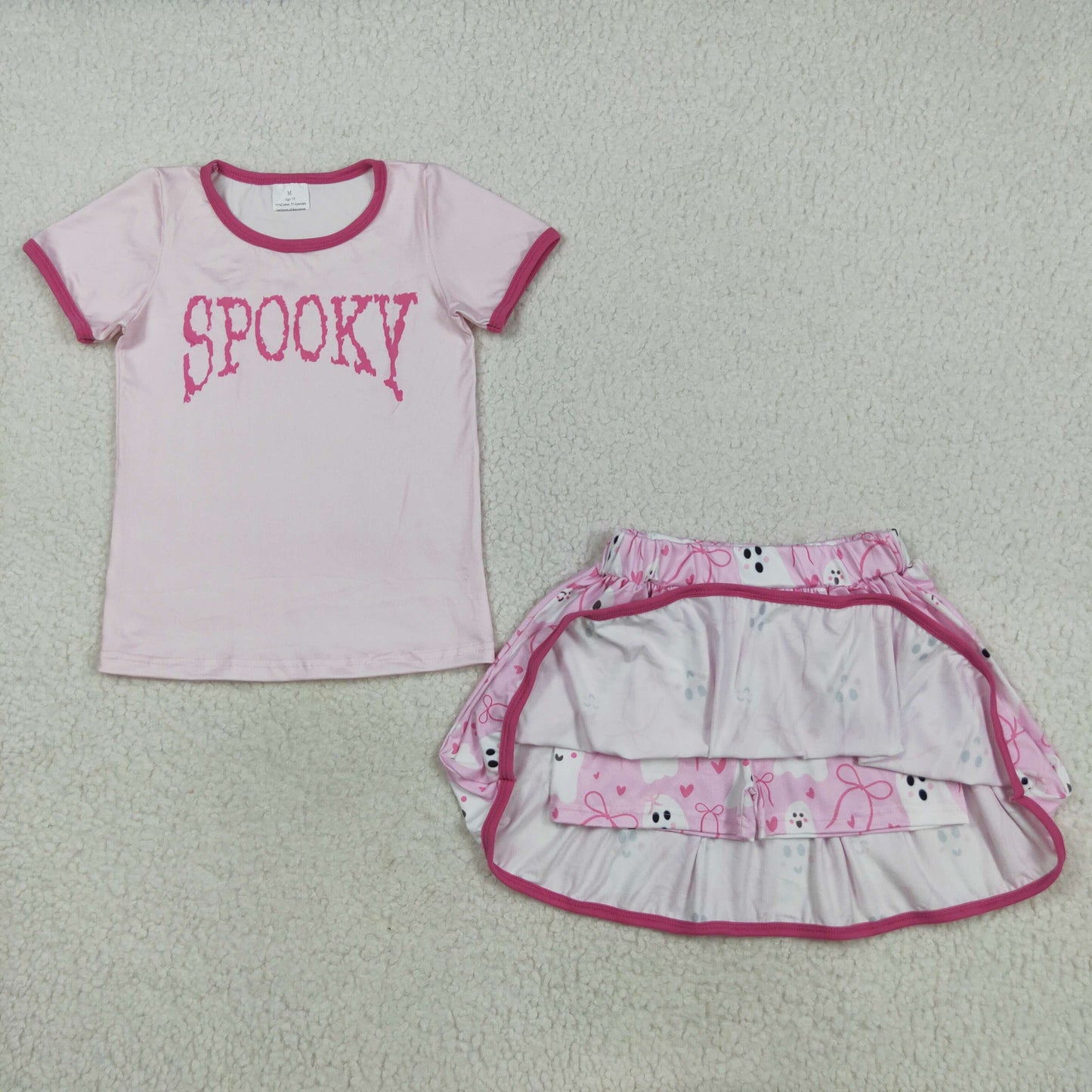 GSD2776 Halloween spooky pink short sleeve bows heart pink skirt girls set
