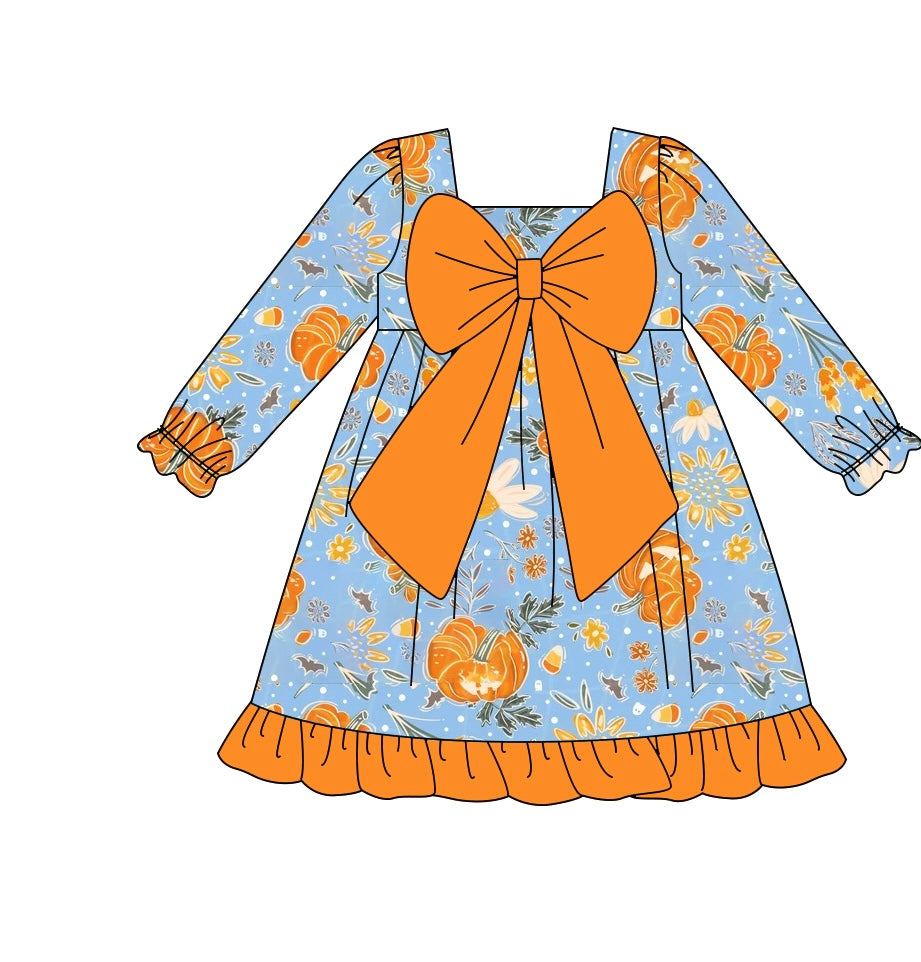 custom moq 5 orange pumpkin blue long sleeve with big bow girls dress