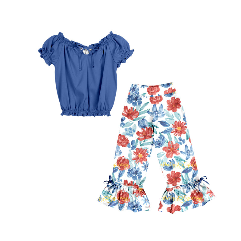 Custom Navy blue short sleeve red flowers pants girls set moq 3