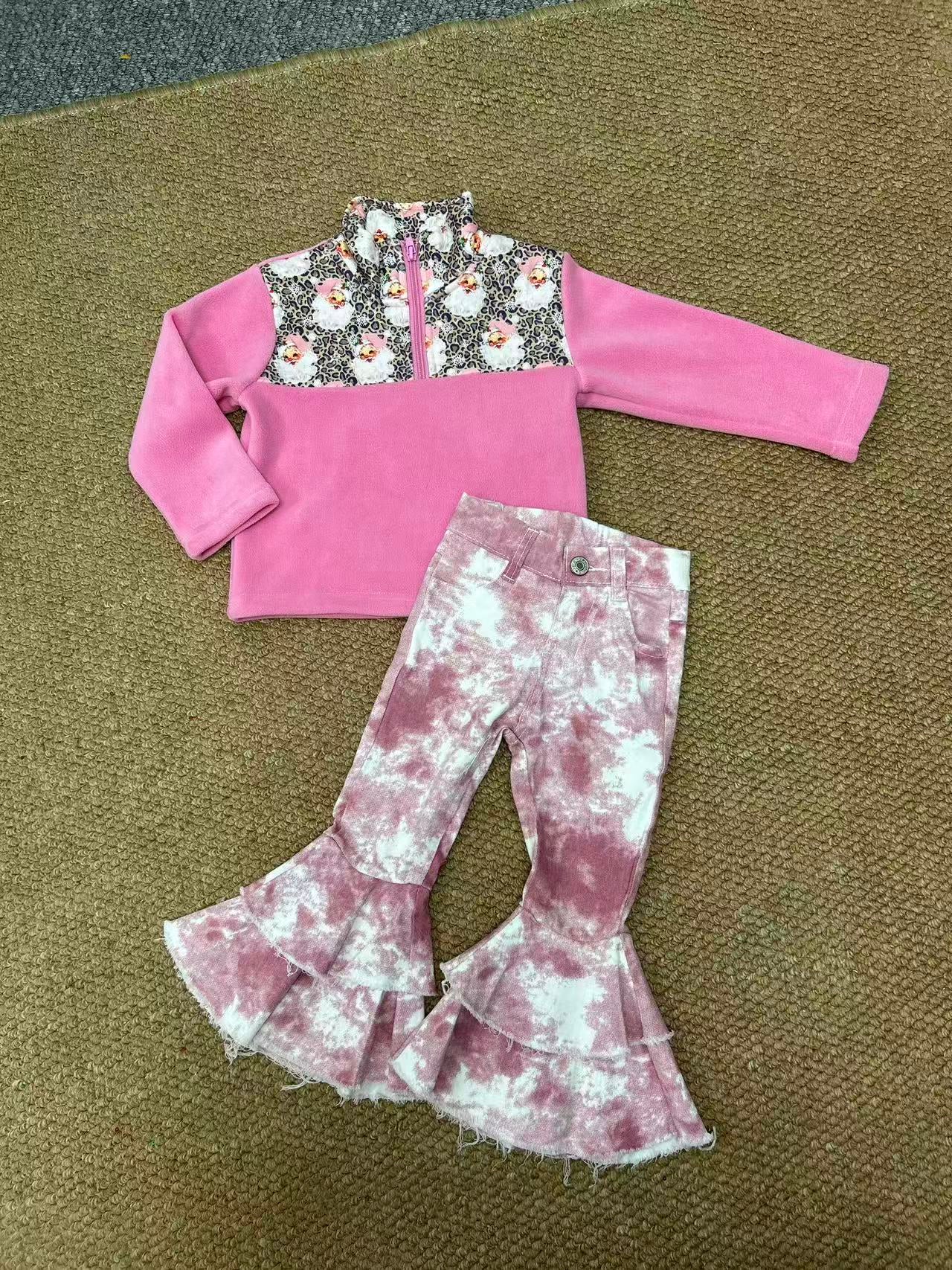 sherpa Christmas Santa zipper long sleeve pink pants girls set RTS Sibling Clothes
